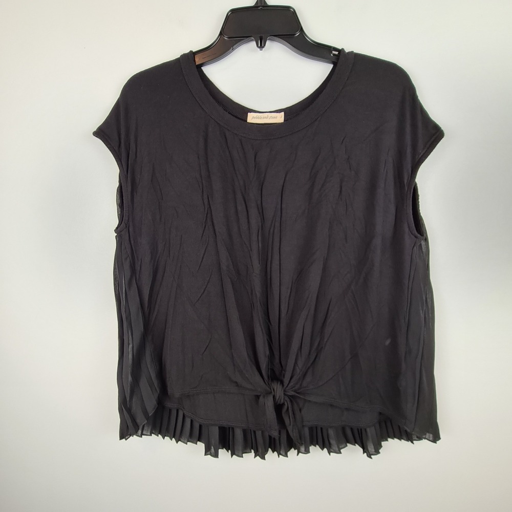 Pebble and Stone Women Black Tie Front Pleated Back Cap Sleeve Top S Oversized